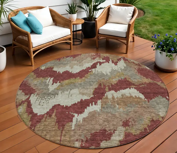 8' Orange Copper And Beige Round Abstract Washable Indoor Outdoor Area Rug