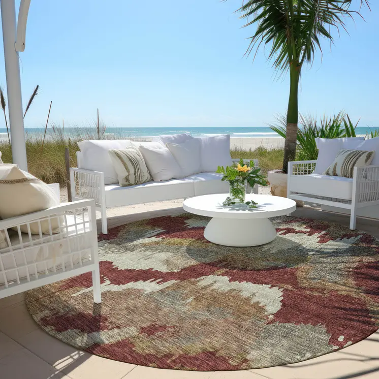 8' Orange Copper And Beige Round Abstract Washable Indoor Outdoor Area Rug