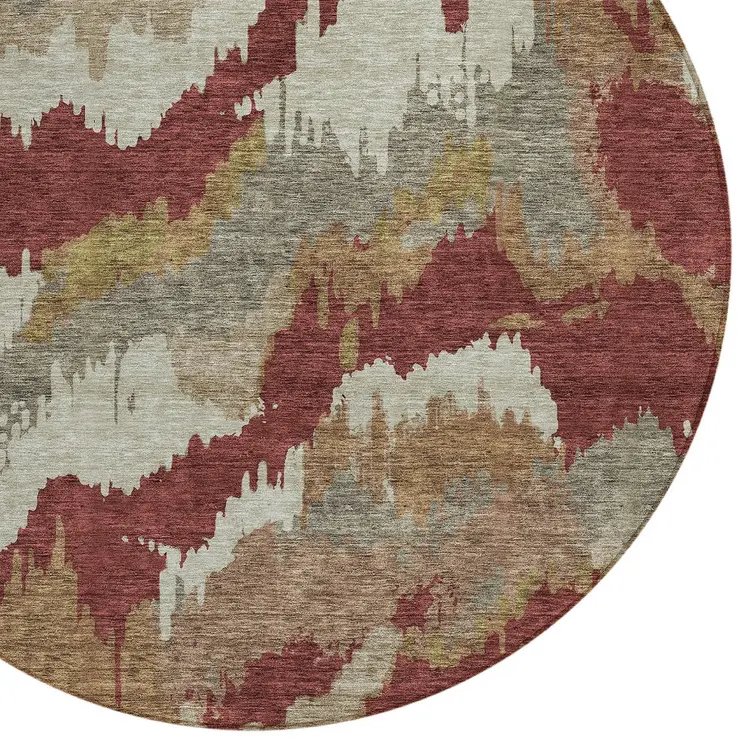 8' Orange Copper And Beige Round Abstract Washable Indoor Outdoor Area Rug