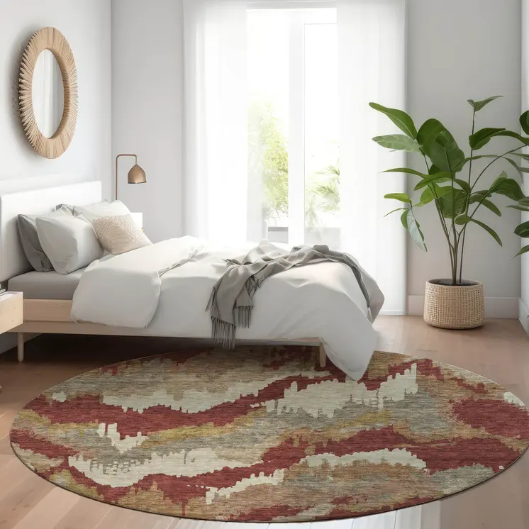 8' Orange Copper And Beige Round Abstract Washable Indoor Outdoor Area Rug