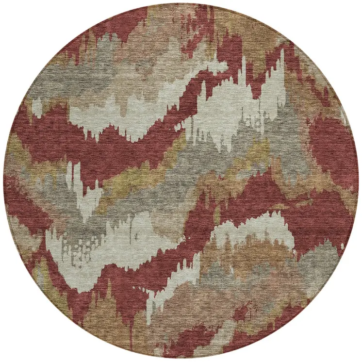 8' Orange Copper And Beige Round Abstract Washable Indoor Outdoor Area Rug