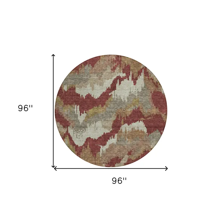 8' Orange Copper And Beige Round Abstract Washable Indoor Outdoor Area Rug