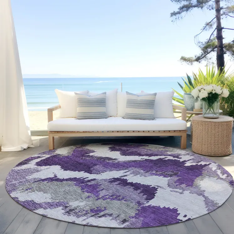 8' Purple Lavender And Gray Round Abstract Washable Indoor Outdoor Area Rug