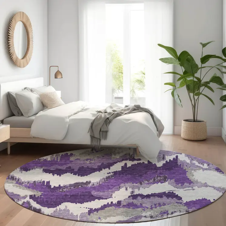 8' Purple Lavender And Gray Round Abstract Washable Indoor Outdoor Area Rug