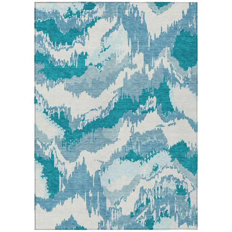 3' X 5' Teal Blue Sky Blue And Aqua Abstract Washable Indoor Outdoor Area Rug