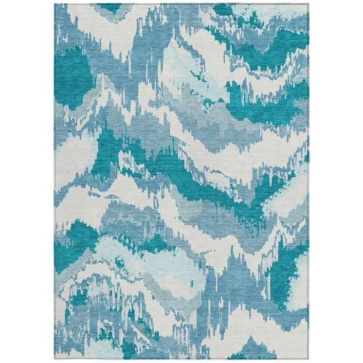 3' X 5' Teal Blue Sky Blue And Aqua Abstract Washable Indoor Outdoor Area Rug