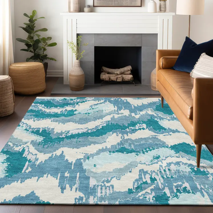 3' X 5' Teal Blue Sky Blue And Aqua Abstract Washable Indoor Outdoor Area Rug