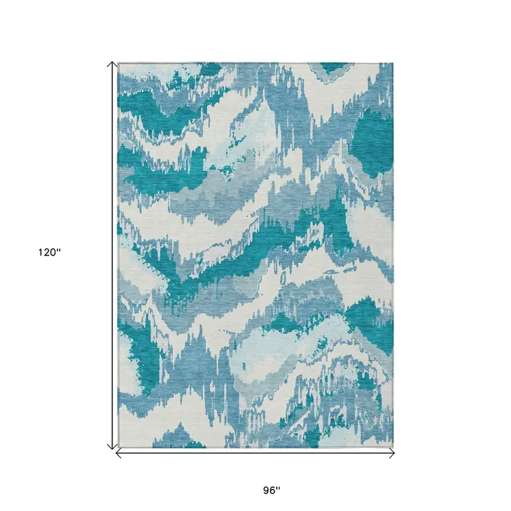 8' X 10' Teal Blue Sky Blue And Aqua Abstract Washable Indoor Outdoor Area Rug