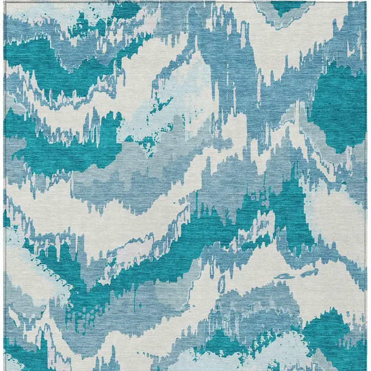 9' X 12' Teal Blue Sky Blue And Aqua Abstract Washable Indoor Outdoor Area Rug