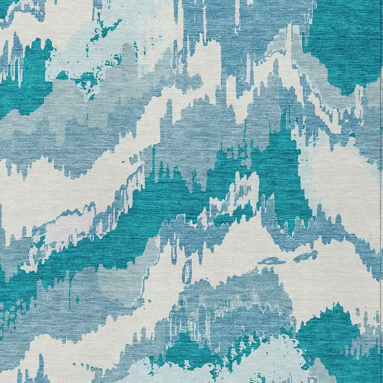 9' X 12' Teal Blue Sky Blue And Aqua Abstract Washable Indoor Outdoor Area Rug