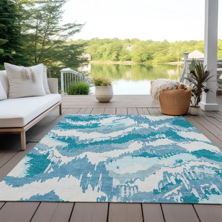 10' X 14' Teal Blue Sky Blue And Aqua Abstract Washable Indoor Outdoor Area Rug