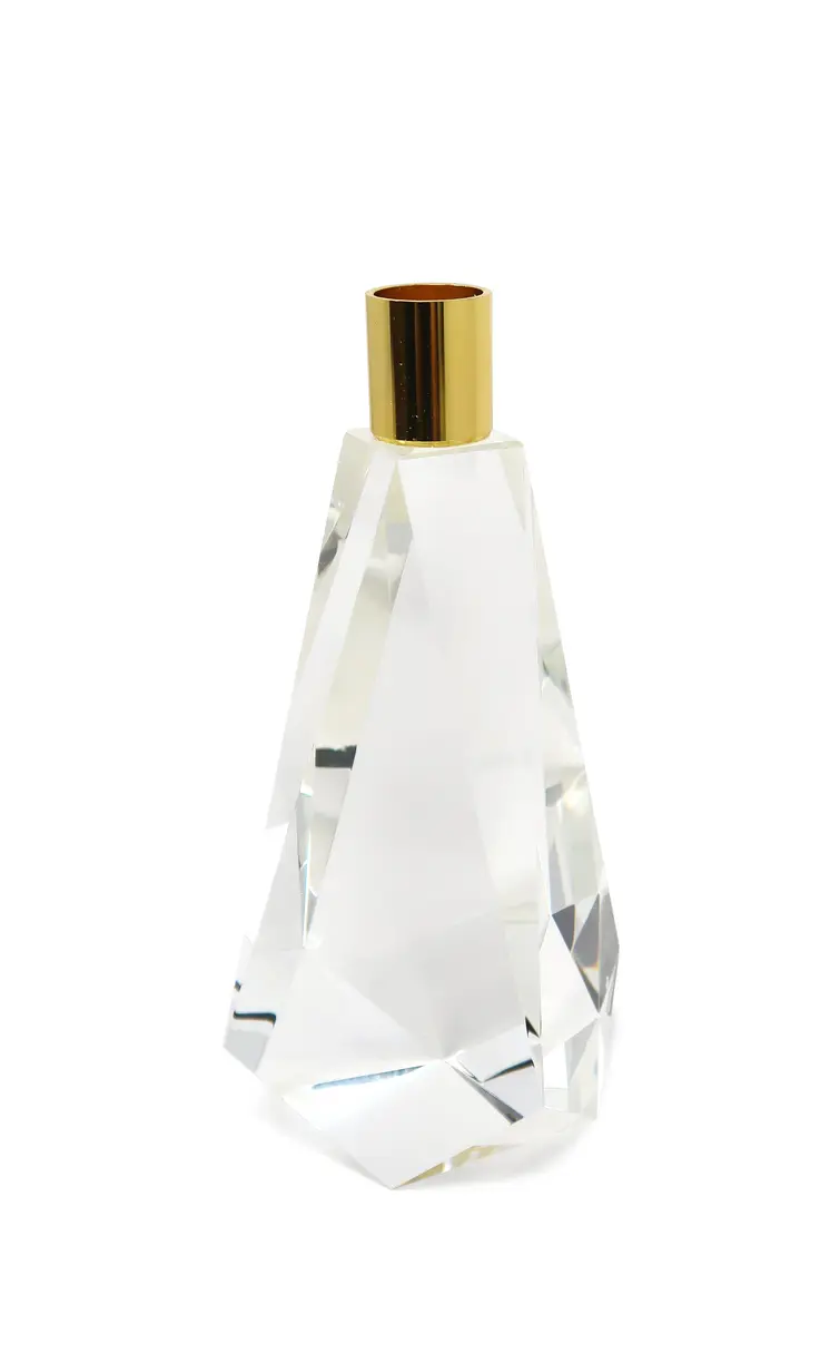 8" Clear And Gold Geo Faceted Crystal Tabletop Taper Candlestick