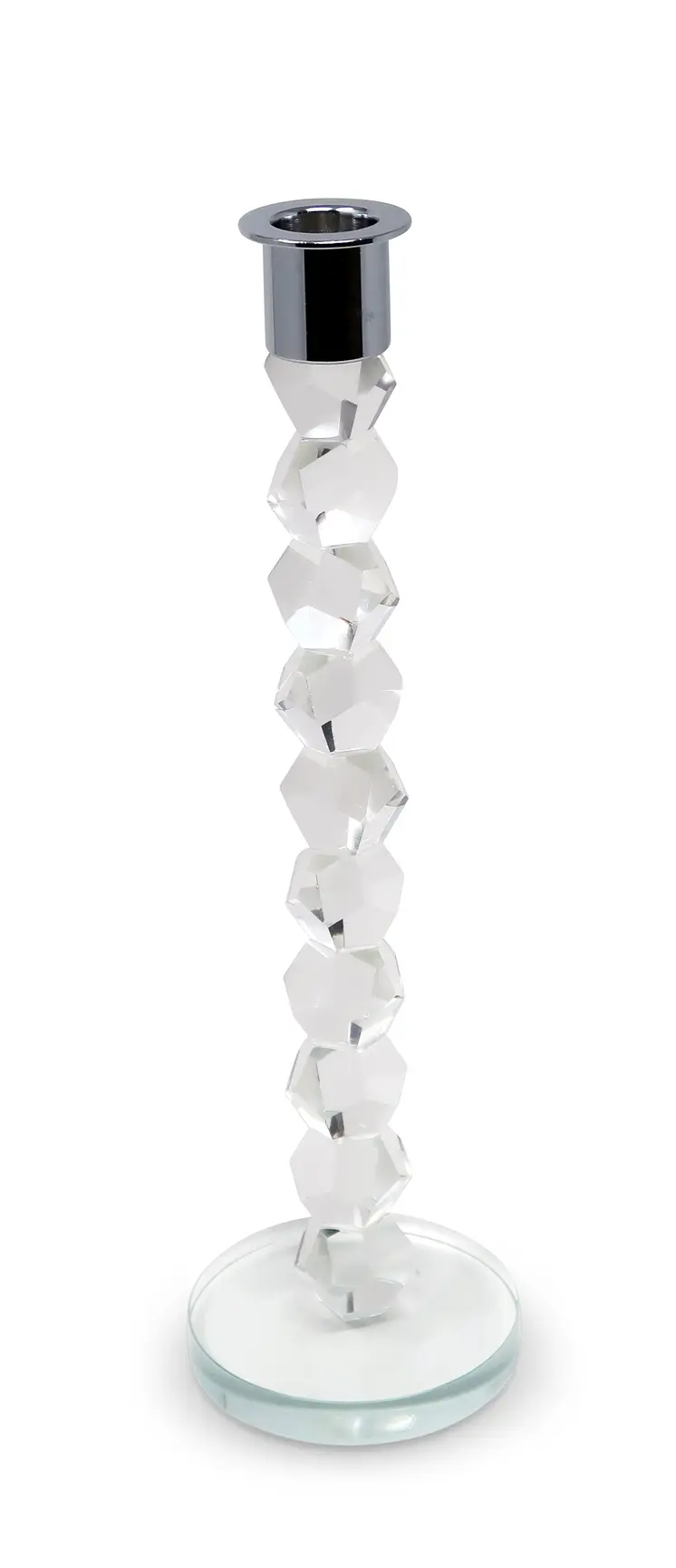 11" Clear And Silver Geo Stacks Crystal Tabletop Taper Candlestick