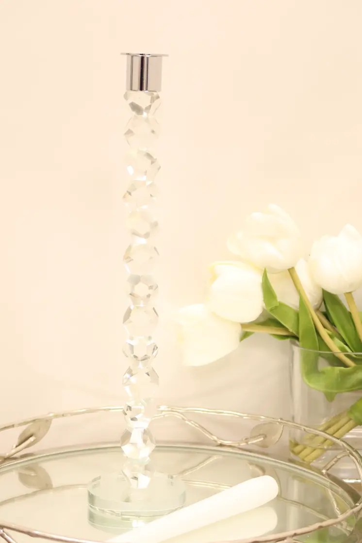 11" Clear And Silver Geo Stacks Crystal Tabletop Taper Candlestick