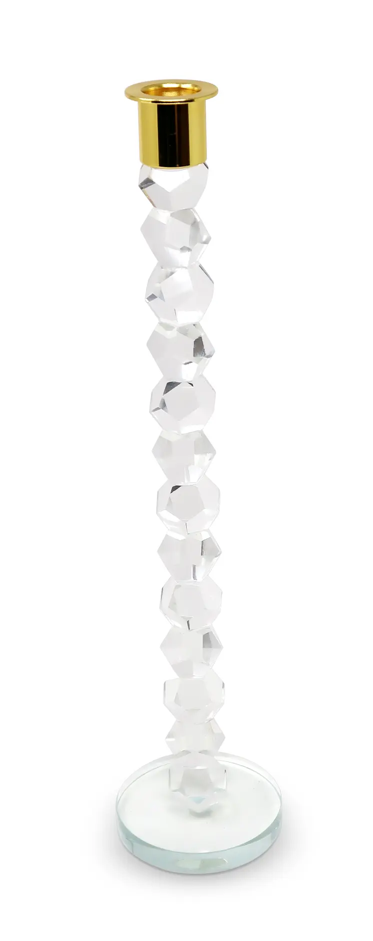 14" Clear And Gold Geo Stacks Crystal Tabletop Taper Candlestick