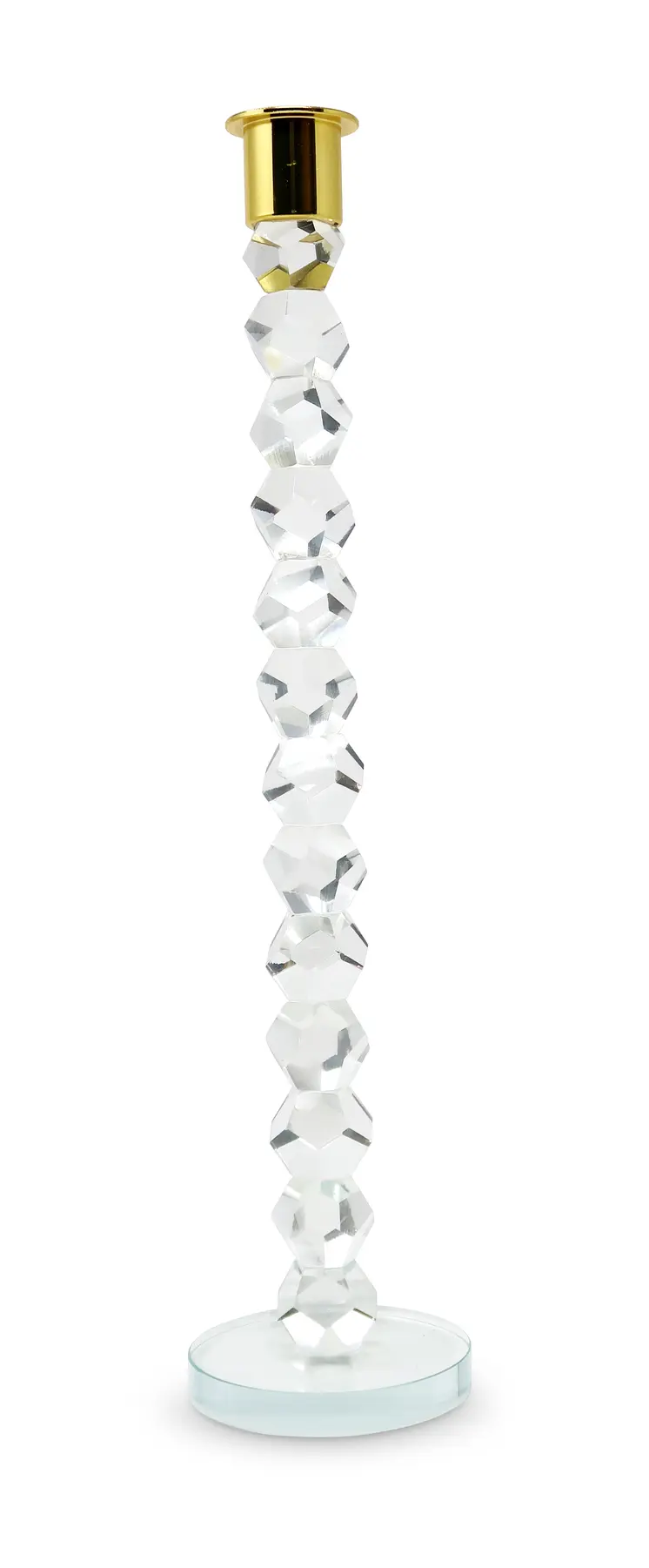 14" Clear And Gold Geo Stacks Crystal Tabletop Taper Candlestick