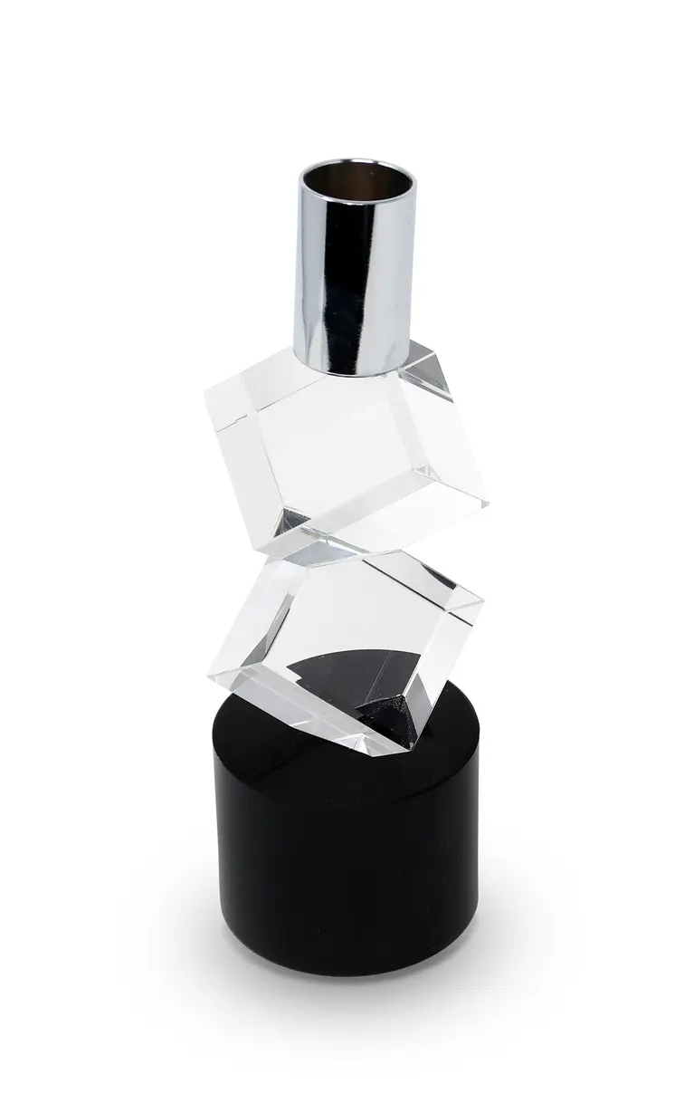 8" Silver Clear And Black Faceted Crystal Tabletop Taper Candlestick