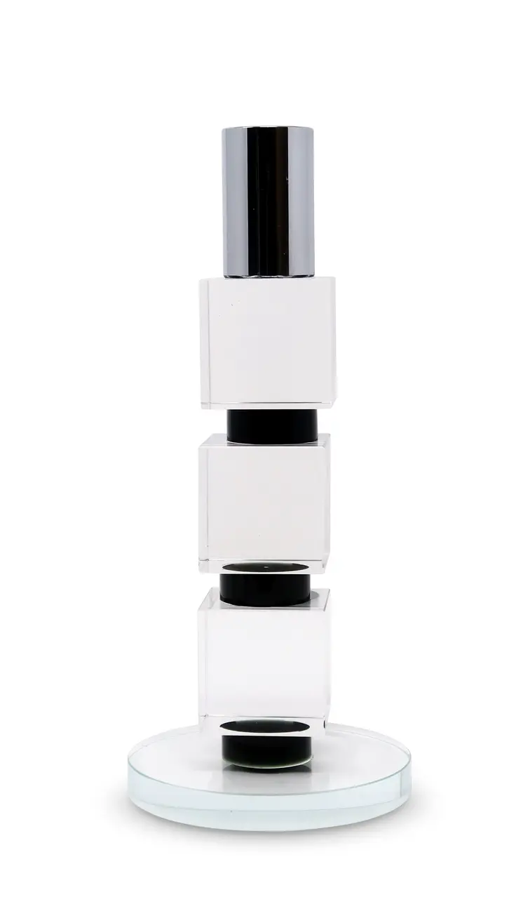 7" Silver Clear And Black Block And Cylinder Crystal Tabletop Taper Candlestick