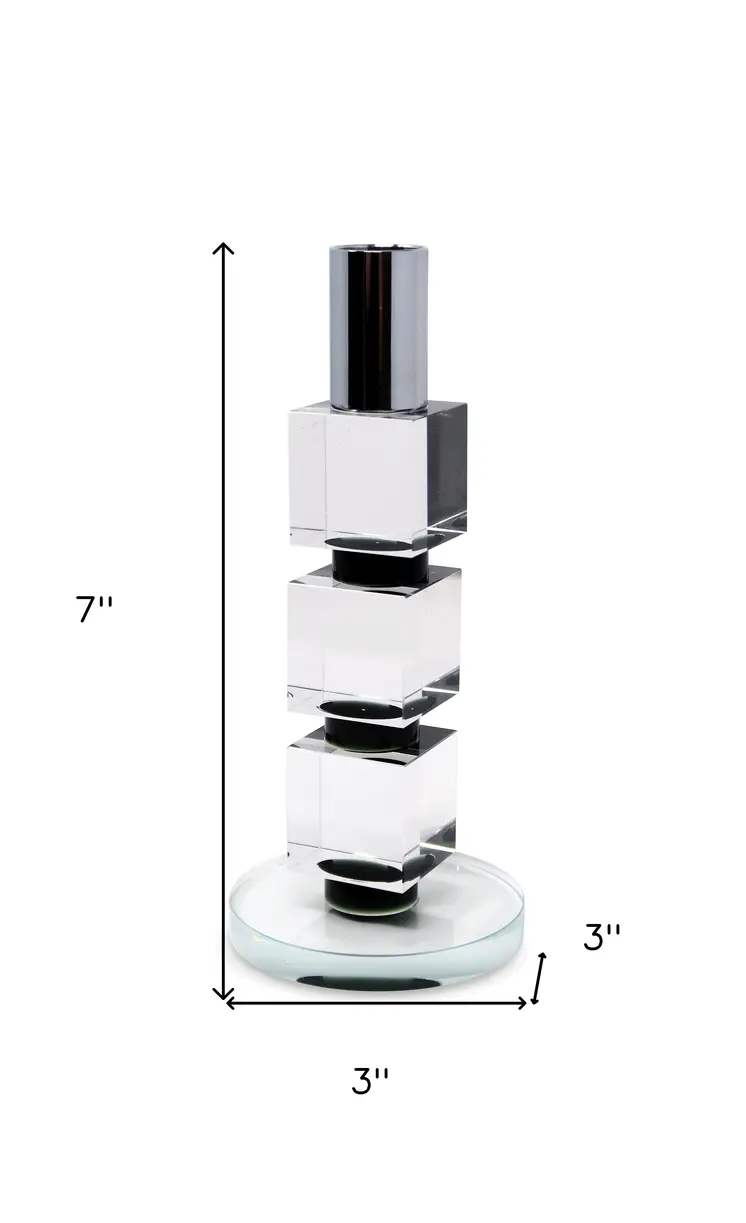 7" Silver Clear And Black Block And Cylinder Crystal Tabletop Taper Candlestick