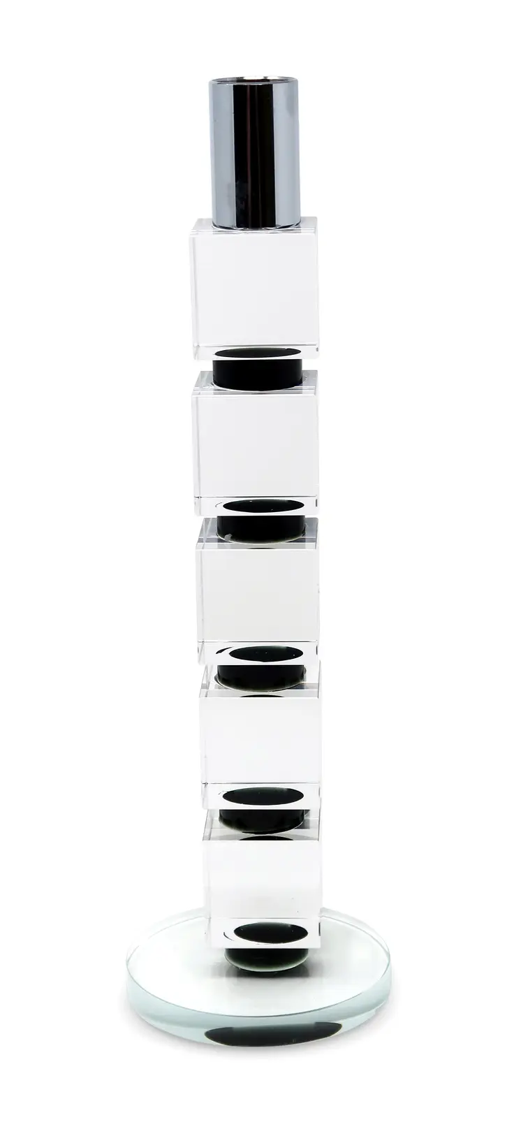 11" Silver Clear And Black Geo Crystal Tabletop Taper Candlestick