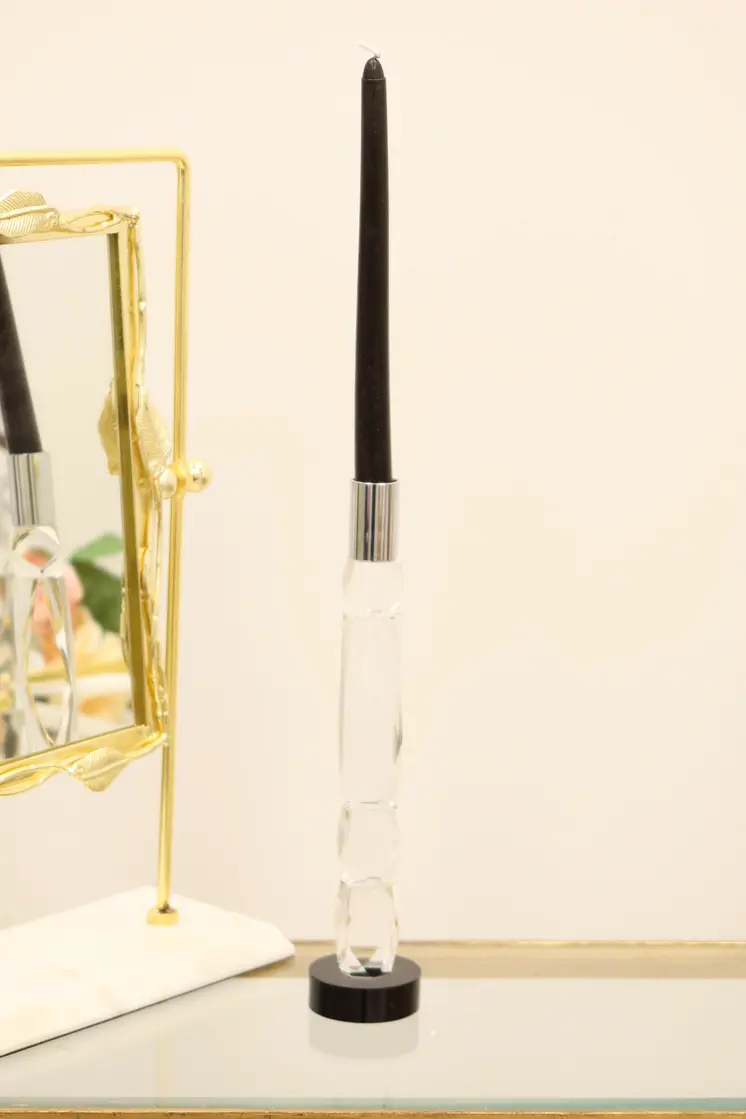 11" Silver Clear And Black Crystal Tabletop Taper Candlestick