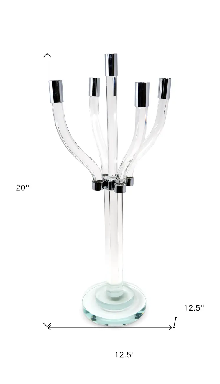 20" Clear And Silver Crystal Tabletop Contempo Candelabra Candle Holder