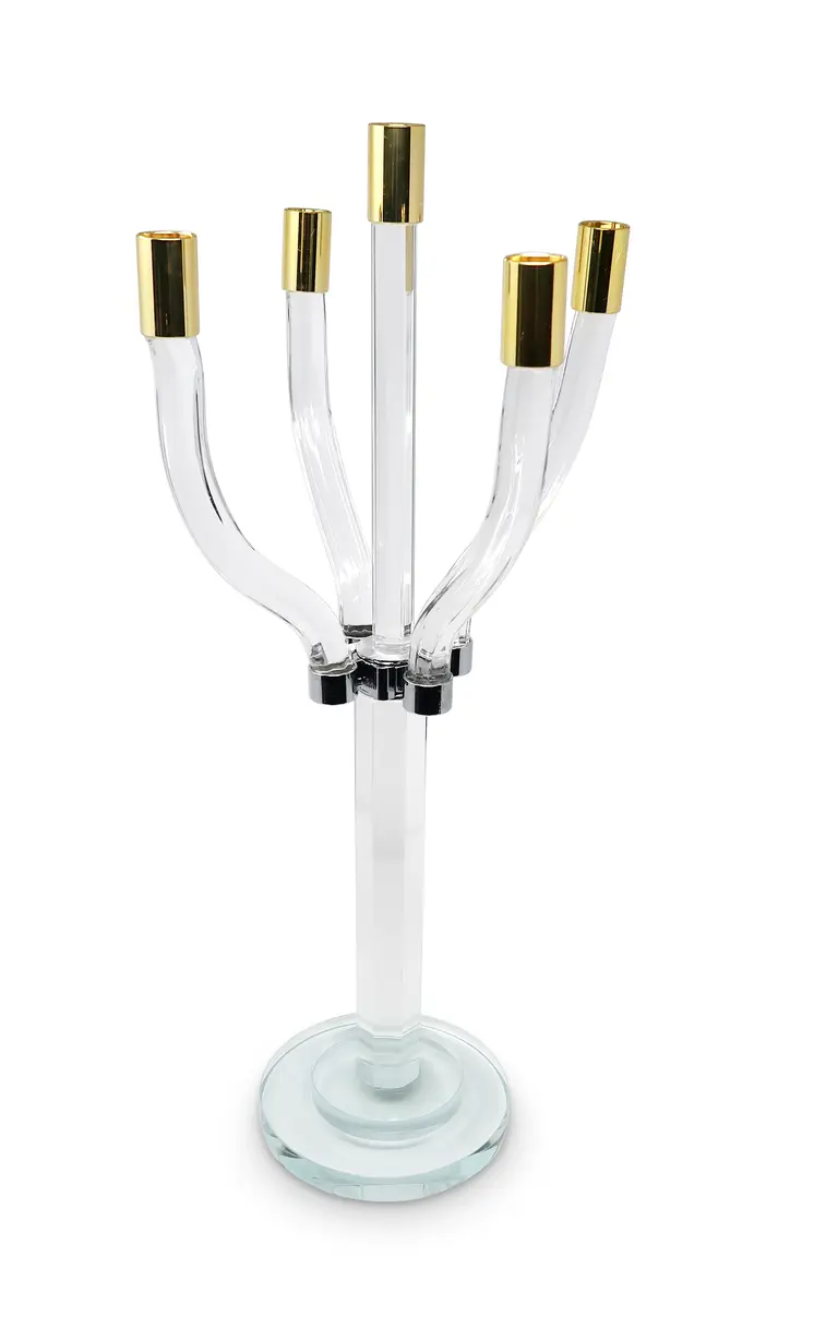 20" Clear Gold And Silver Crystal Tabletop Candelabra Candle Holder