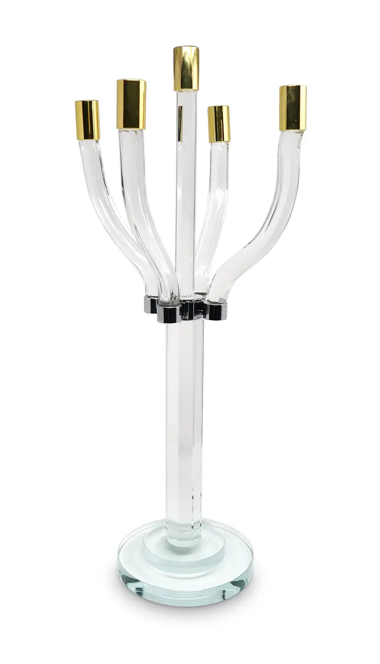 20" Clear Gold And Silver Crystal Tabletop Candelabra Candle Holder