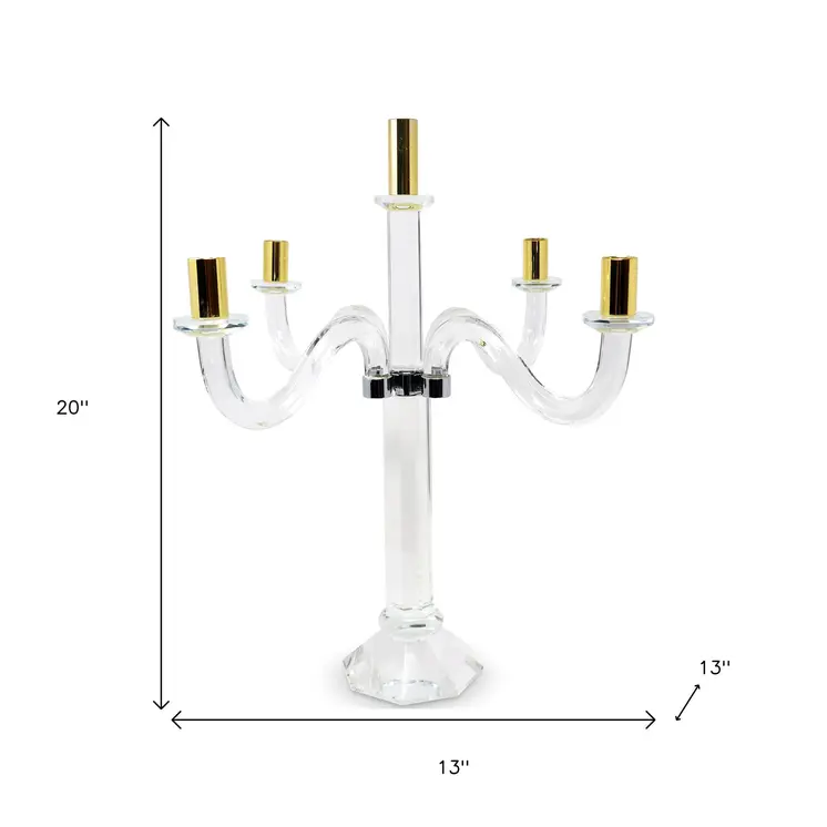20" Clear Silver And Gold Crystal Tabletop Candelabra Candle Holder