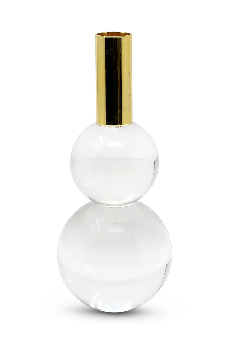 Set of Two Clear And Gold Geo Orbs Crystal Tabletop Taper Candlesticks