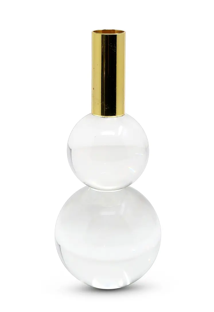 Set of Two Clear And Gold Geo Orbs Crystal Tabletop Taper Candlesticks