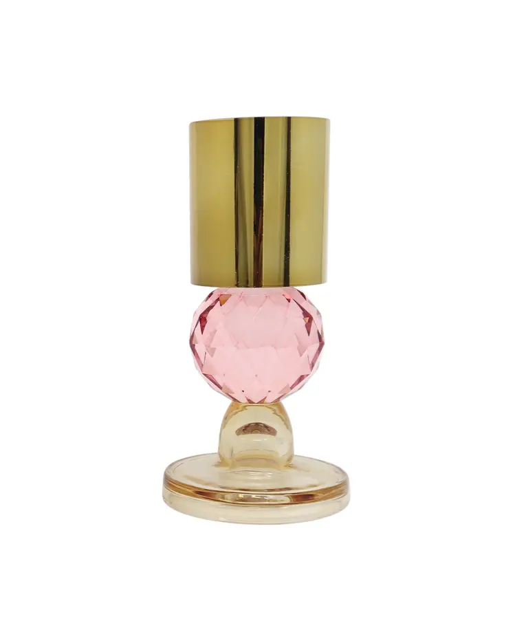 Set of Two Amber Gold And Pink Faceted Crystal Tabletop Taper Candlesticks