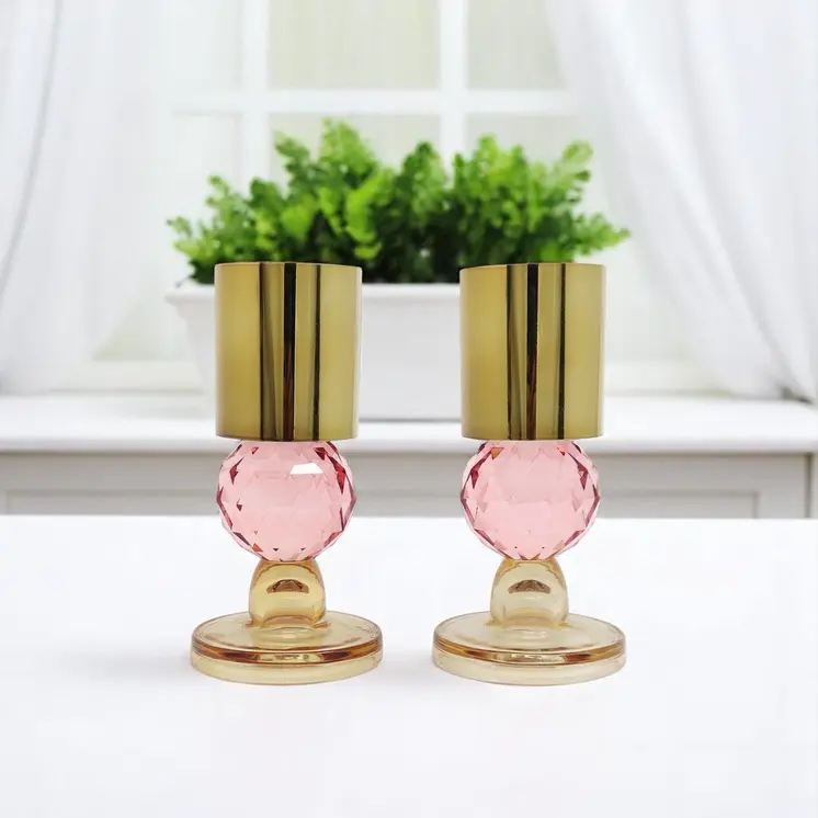 Set of Two Amber Gold And Pink Faceted Crystal Tabletop Taper Candlesticks