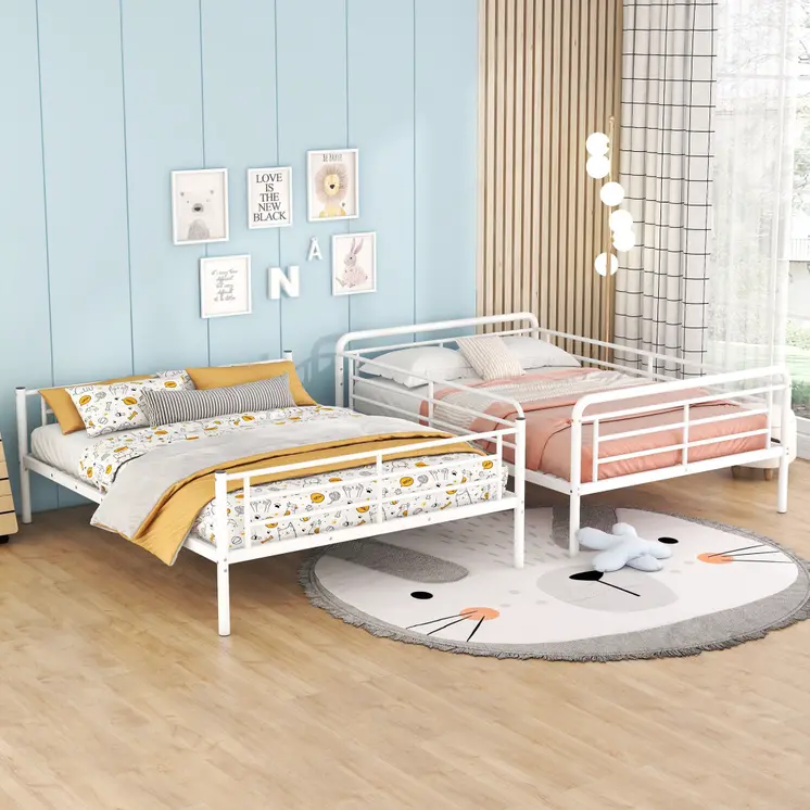 White Full XL Over Queen Contemporary Metal Bunk Bed