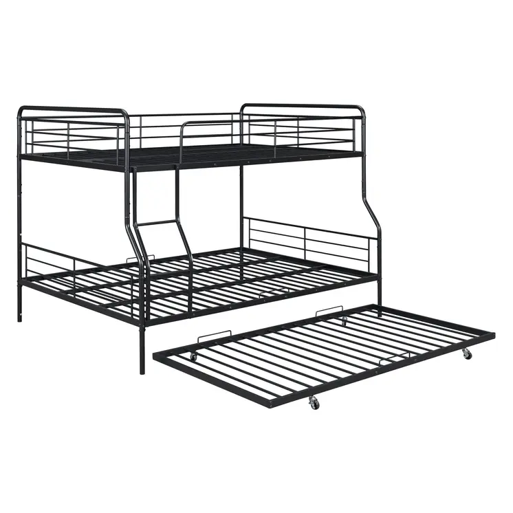 Black Full XL Over Queen Contemporary Metal Bunk Bed With Trundle