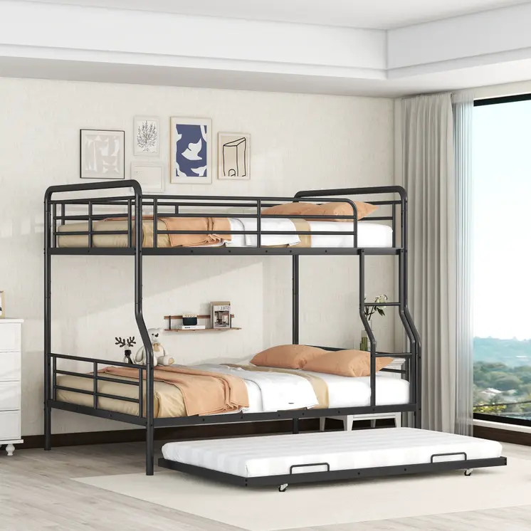 Black Full XL Over Queen Contemporary Metal Bunk Bed With Trundle