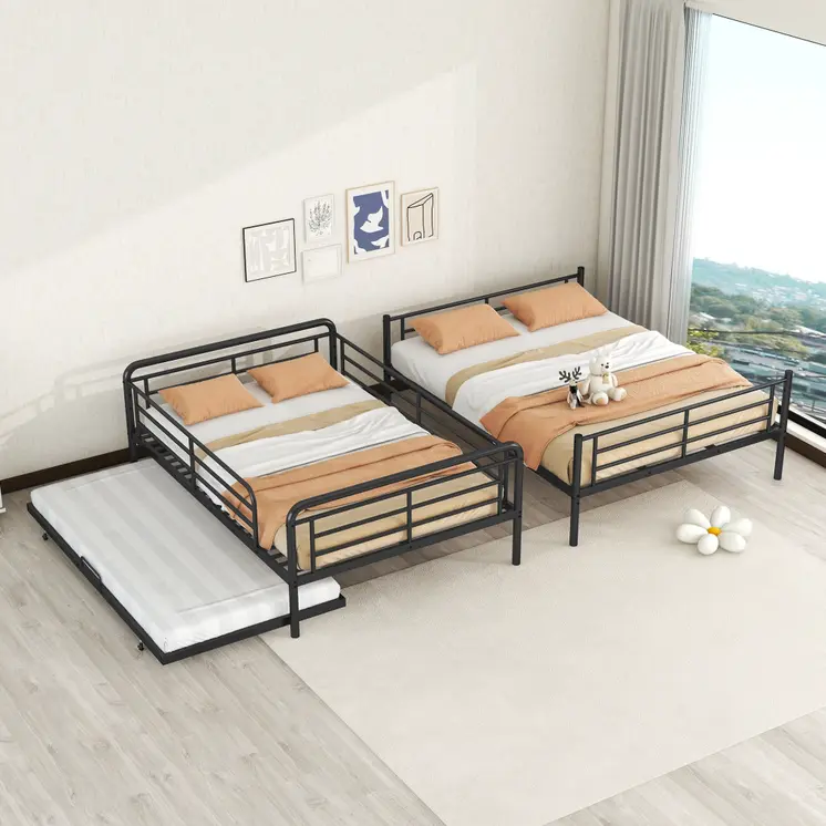 Black Full XL Over Queen Contemporary Metal Bunk Bed With Trundle
