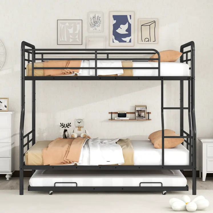Black Full XL Over Queen Contemporary Metal Bunk Bed With Trundle