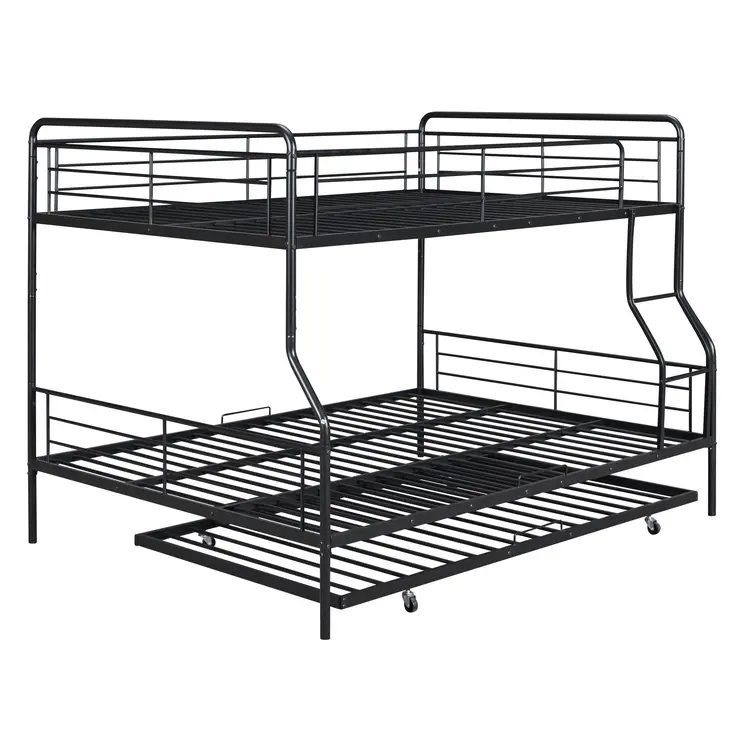 Black Full XL Over Queen Contemporary Metal Bunk Bed With Trundle