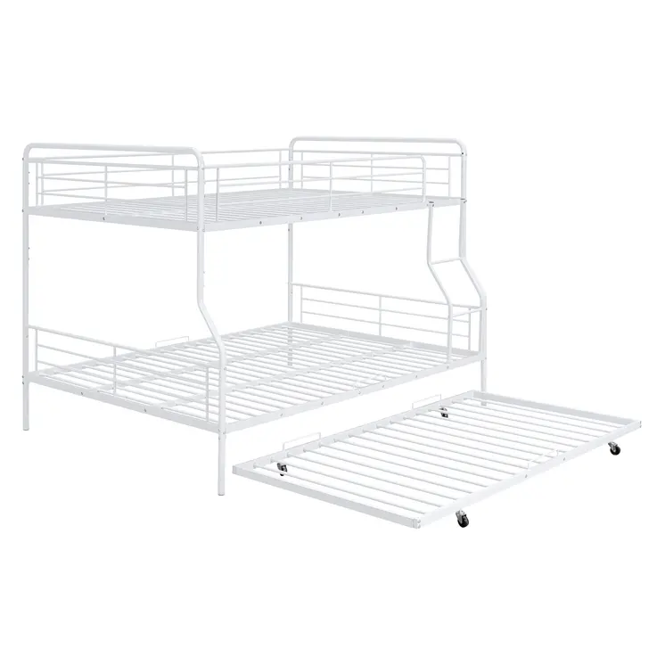 White Full XL Over Queen Contemporary Metal Bunk Bed With Trundle
