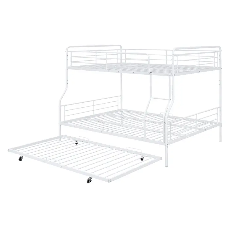 White Full XL Over Queen Contemporary Metal Bunk Bed With Trundle