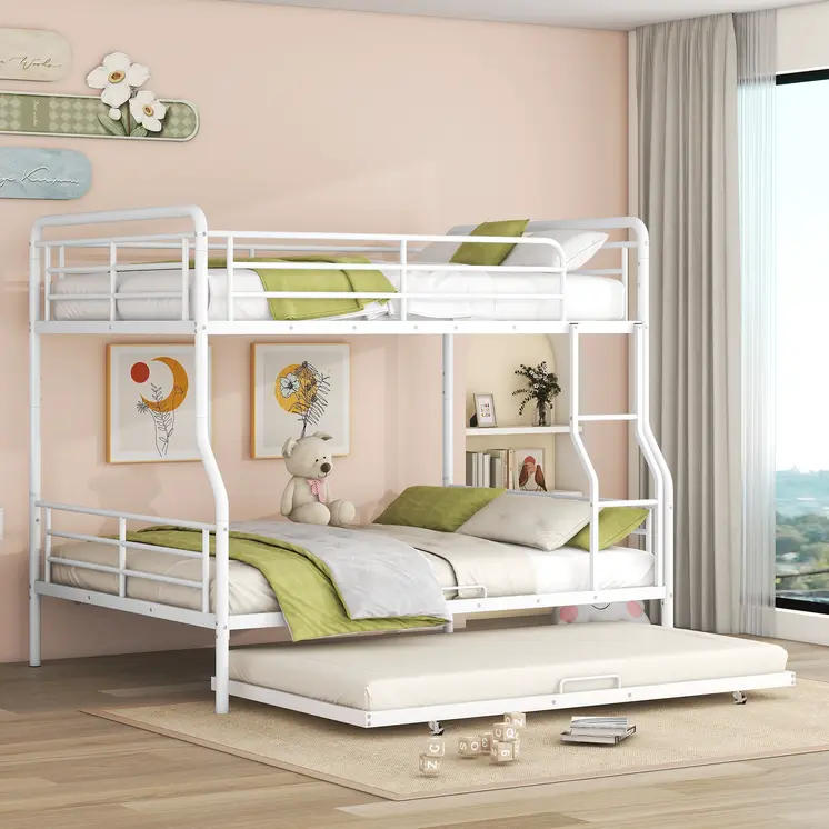 White Full XL Over Queen Contemporary Metal Bunk Bed With Trundle