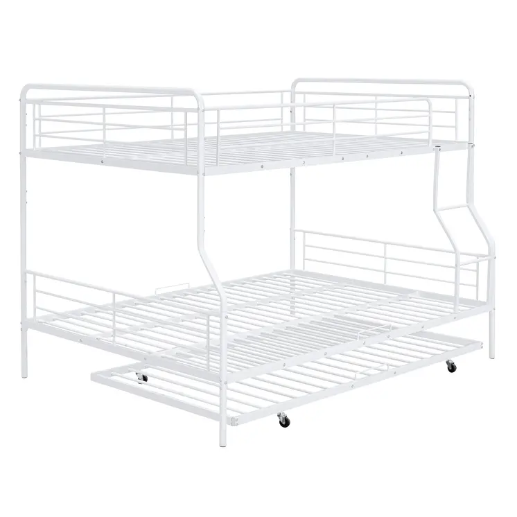 White Full XL Over Queen Contemporary Metal Bunk Bed With Trundle