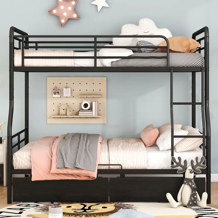 Black Full Over Queen Contemporary Metal Bunk Bed With Drawers