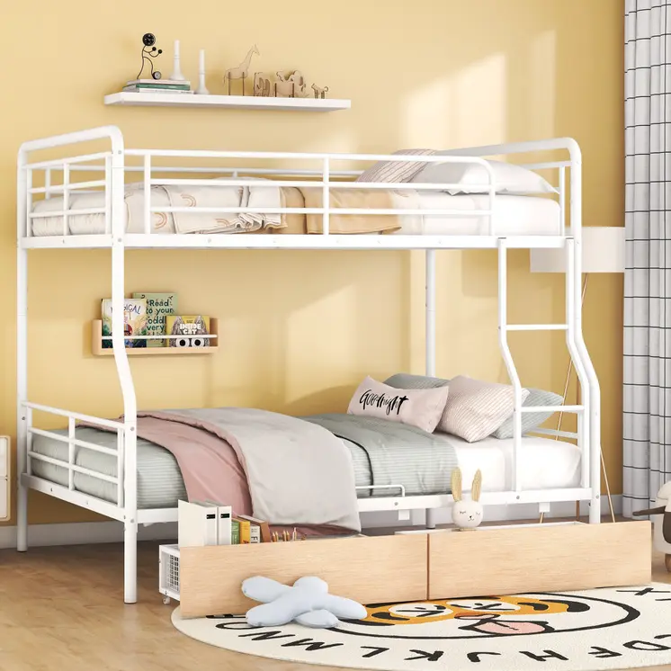 White Full Over Queen Contemporary Metal Bunk Bed With Drawers