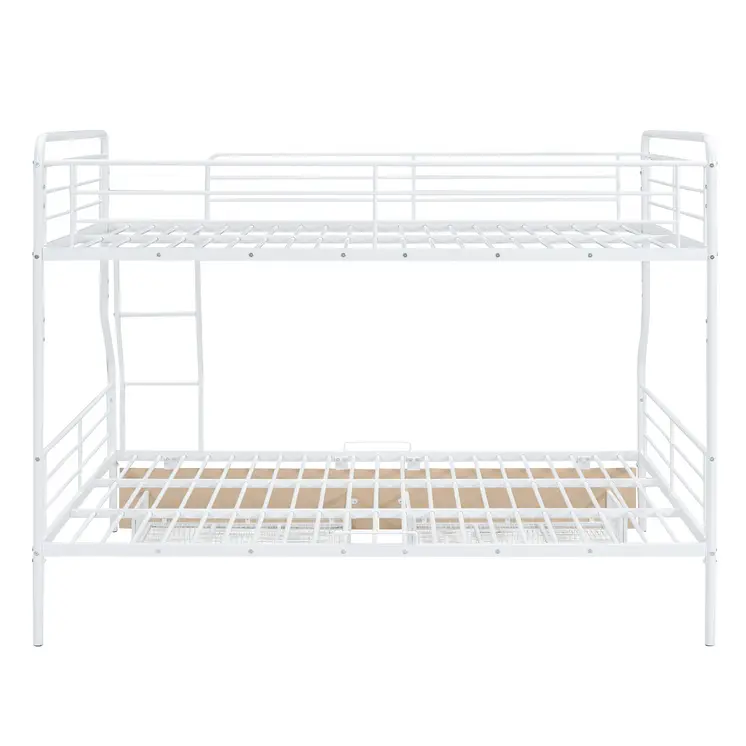 White Full Over Queen Contemporary Metal Bunk Bed With Drawers