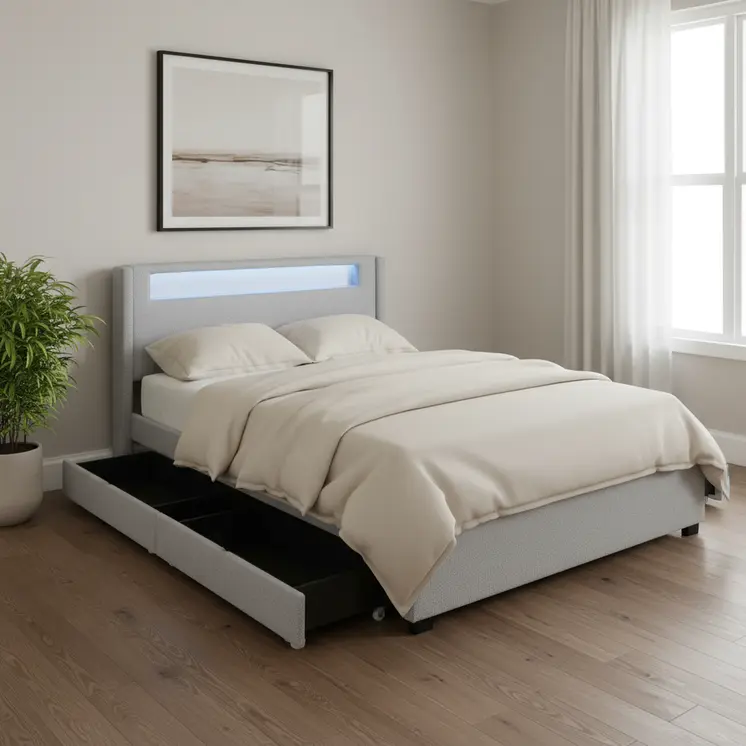 Light Gray Tufted Boucle Lighted Full Bed Frame With Trundle And USB And Drawers