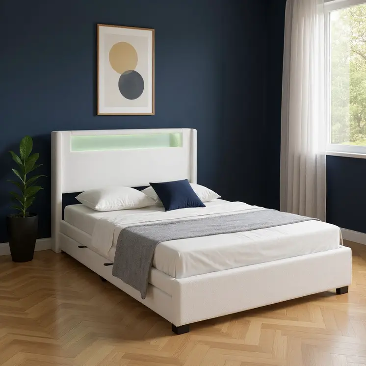 White Tufted Boucle Lighted Full Bed Frame With Trundle And USB And Drawers