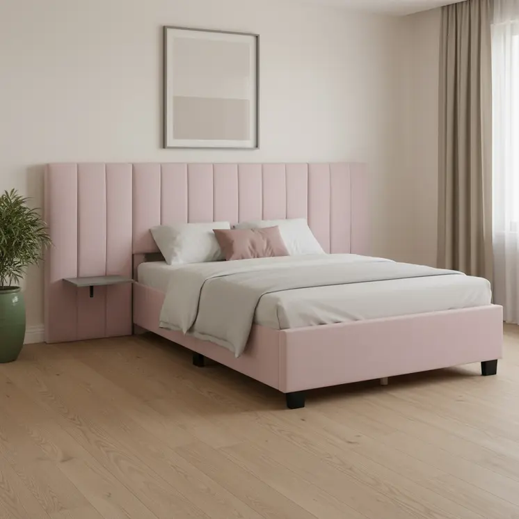 Pink Tufted Velvet Upholstered Lighted Full Bed Frame