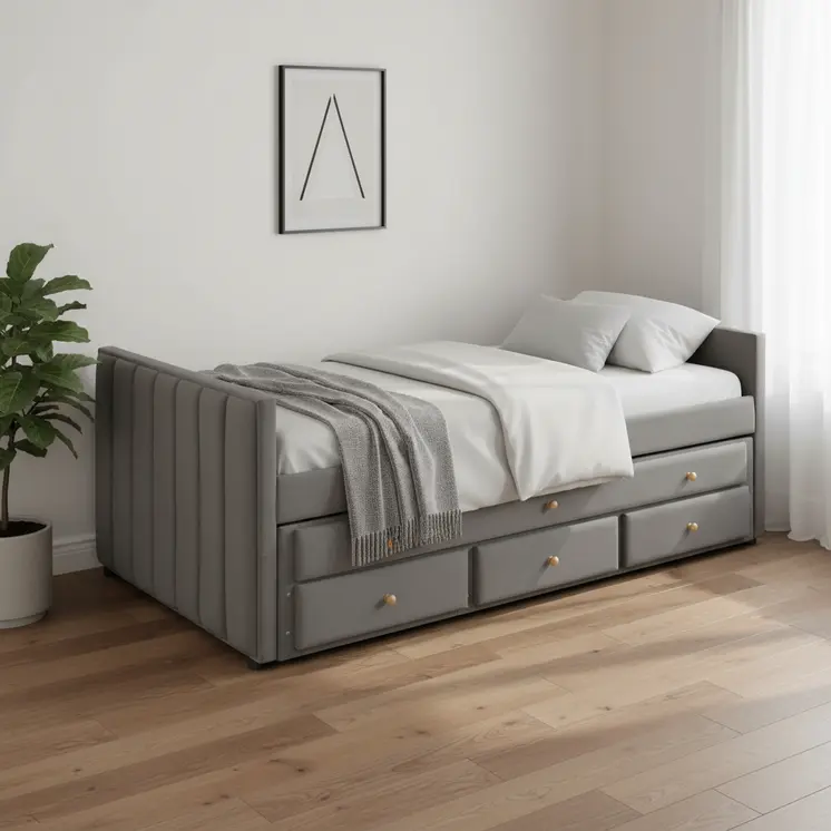 Dark Gray Tufted Velvet Upholstered Full Day Bed With Trundle And Drawers